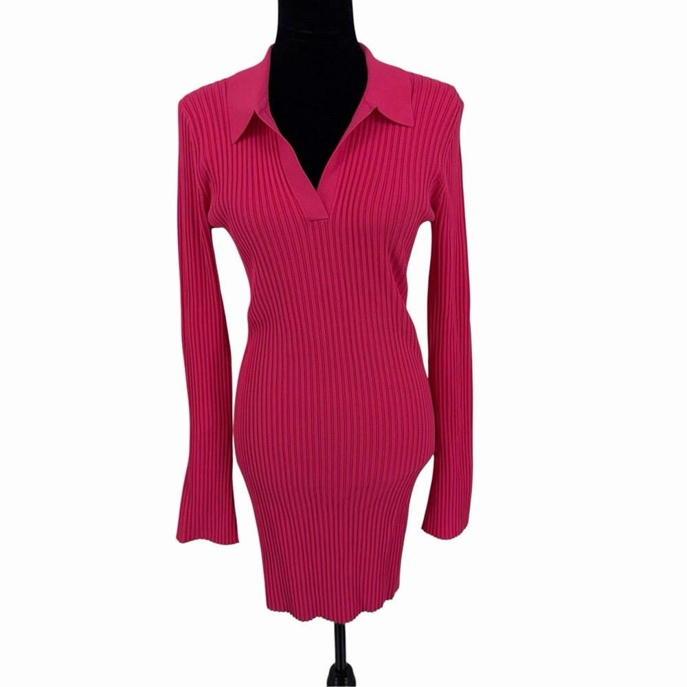 HELMUT LANG Pink Ribbed Knit Polo Mini Dress Open V-Neck Long Sleeve Size M